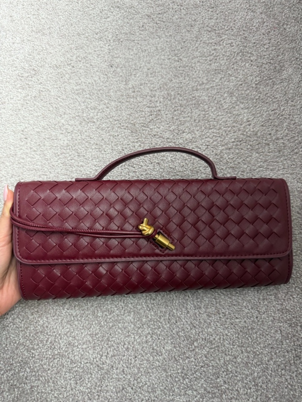 Woven Burgundy Leather Top-Handle Clutch with Gold Accent